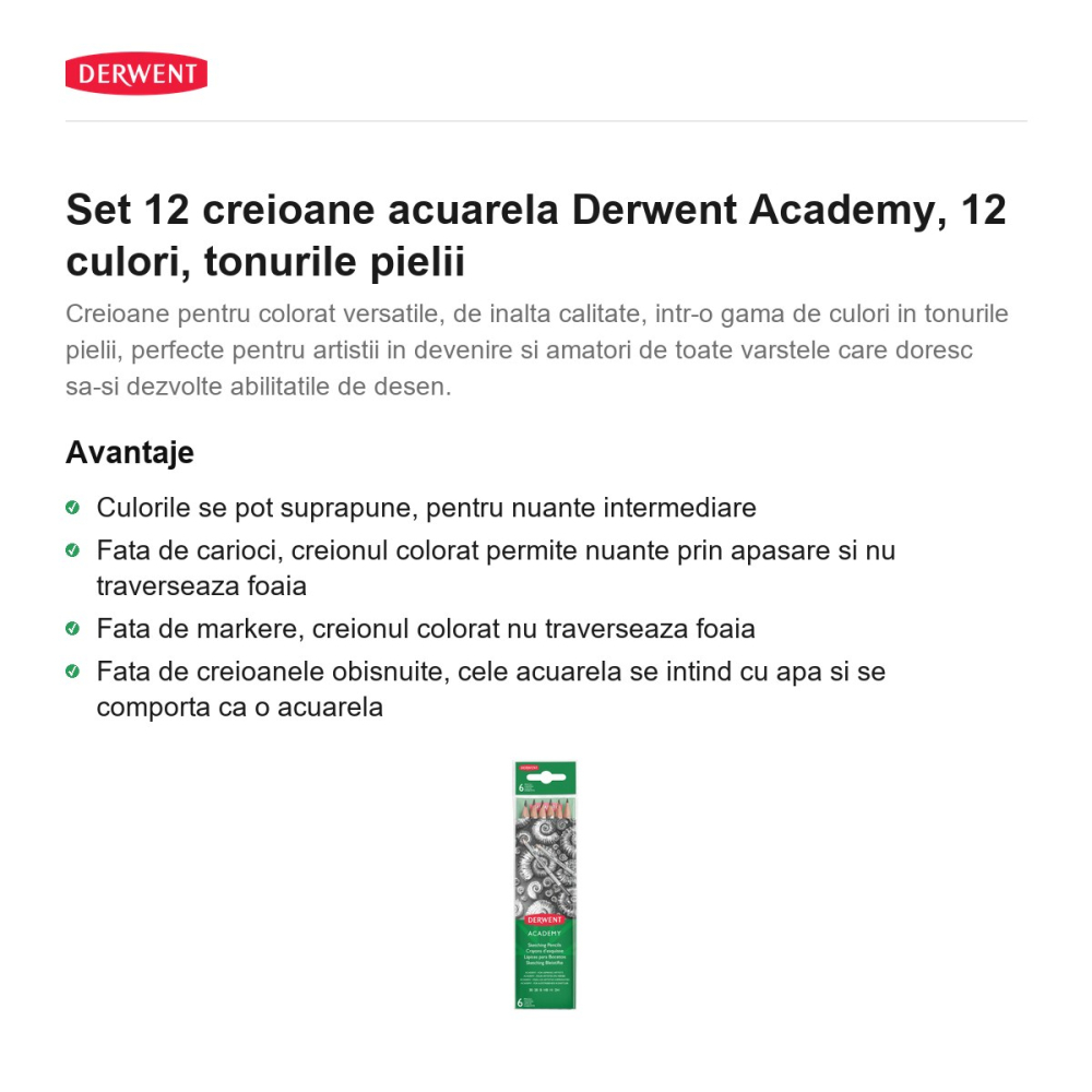 Set 12 creioane acuarela Derwent Academy, 12 culori, tonurile pielii [2]