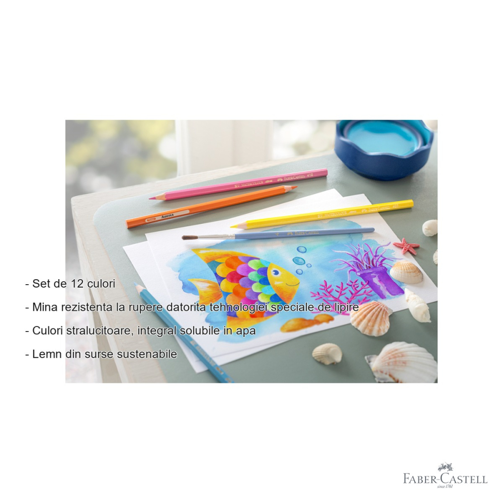 Set 12 creioane colorate acuarela Faber-Castell cu pensula, solubile in apa, pentru copii si scolari [2]