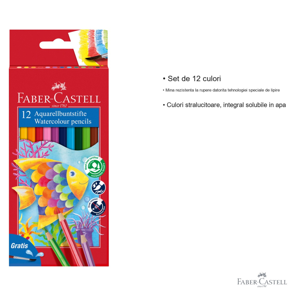 Set 12 creioane colorate acuarela Faber-Castell cu pensula, solubile in apa, pentru copii si scolari [3]