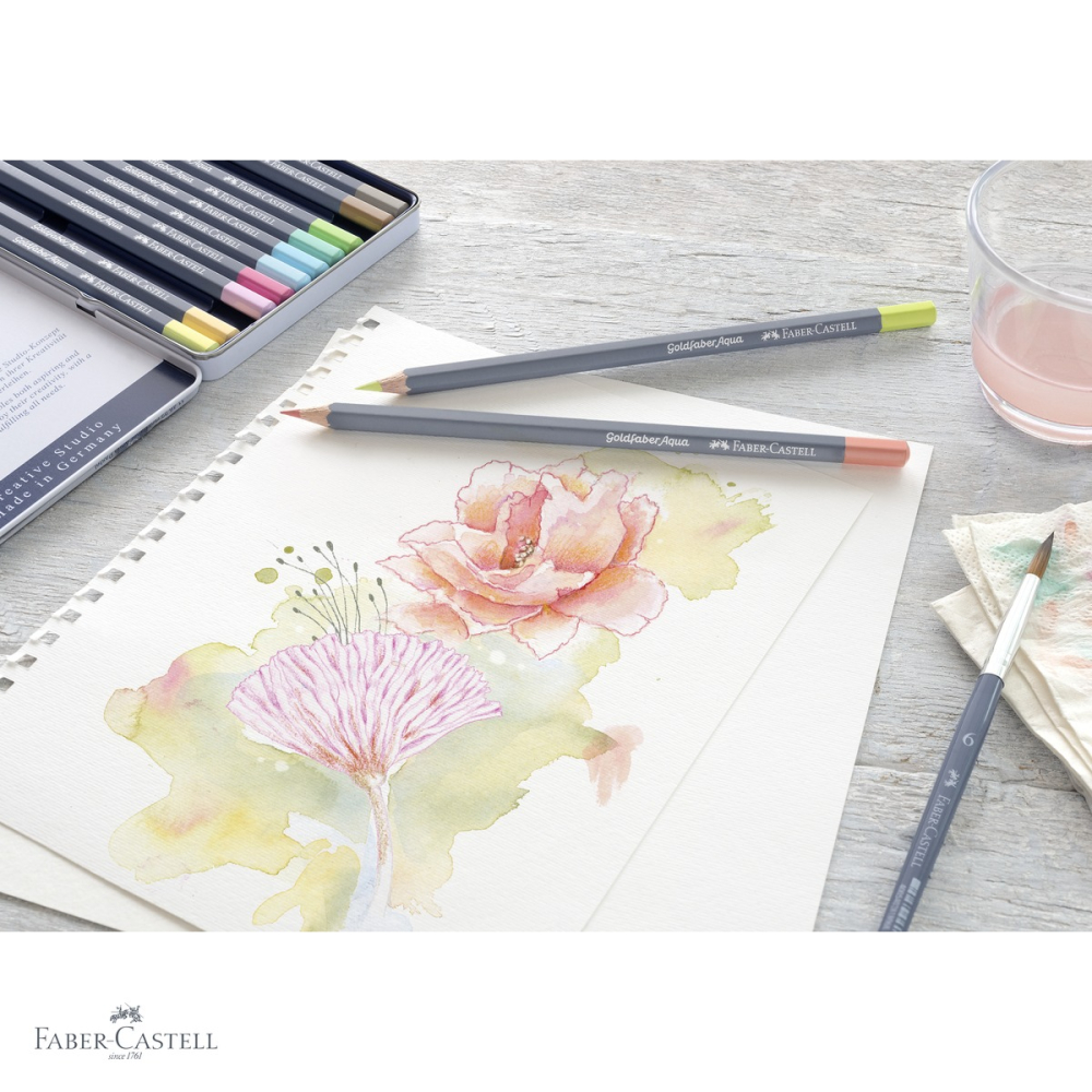 Set 12 creioane colorate acuarela Faber-Castell Goldfaber, culori pastel, cutie metalica [4]