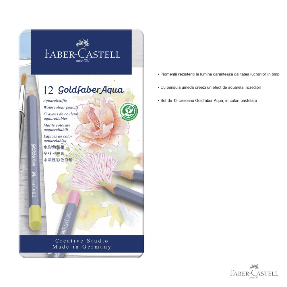 Set 12 creioane colorate acuarela Faber-Castell Goldfaber, culori pastel, cutie metalica [3]