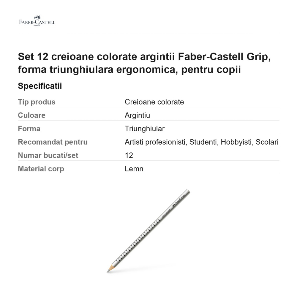Set 12 creioane colorate argintii Faber-Castell Grip, forma triunghiulara ergonomica, pentru copii [3]