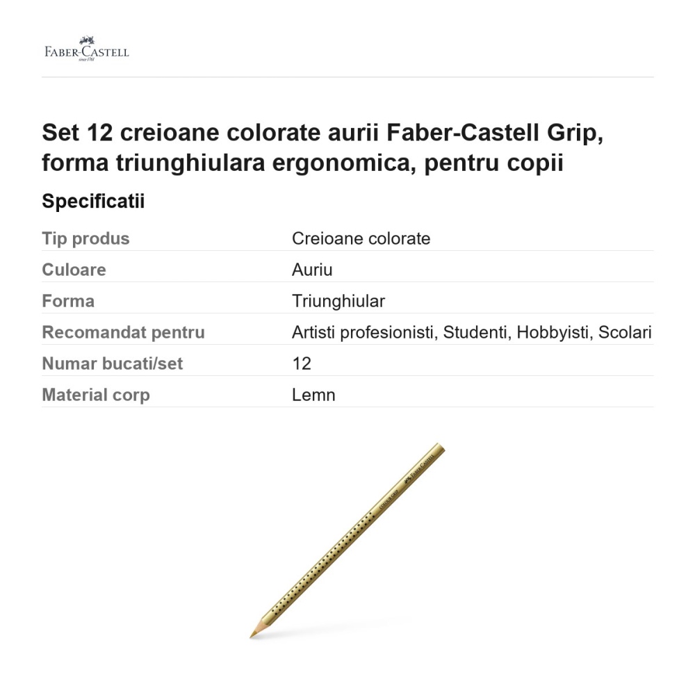 Set 12 creioane colorate aurii Faber-Castell Grip, forma triunghiulara ergonomica, pentru copii [3]