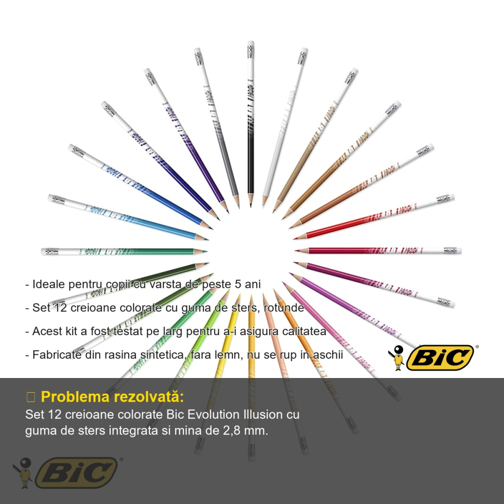 Set 12 creioane colorate Bic Evolution Illusion, cu guma de sters, mina ultra-rezistenta, pentru scoala si desen artistic [2]