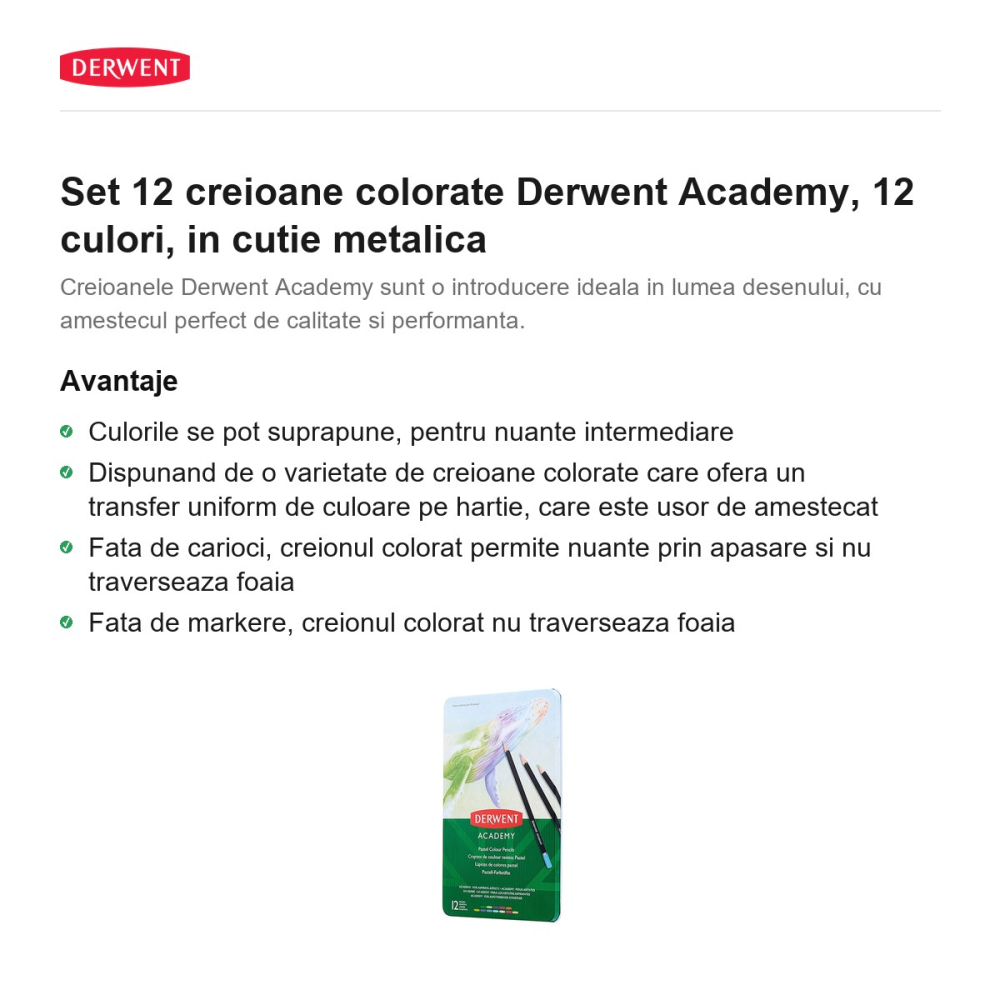 Set 12 creioane colorate Derwent Academy, 12 culori, in cutie metalica [2]