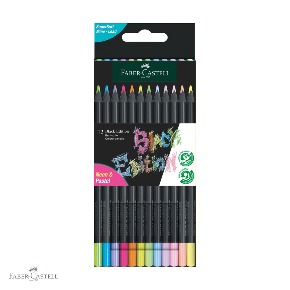 Set 12 creioane colorate Faber-Castell Black Edition, culori pastel si neon, forma ergonomica triunghiulara [1]
