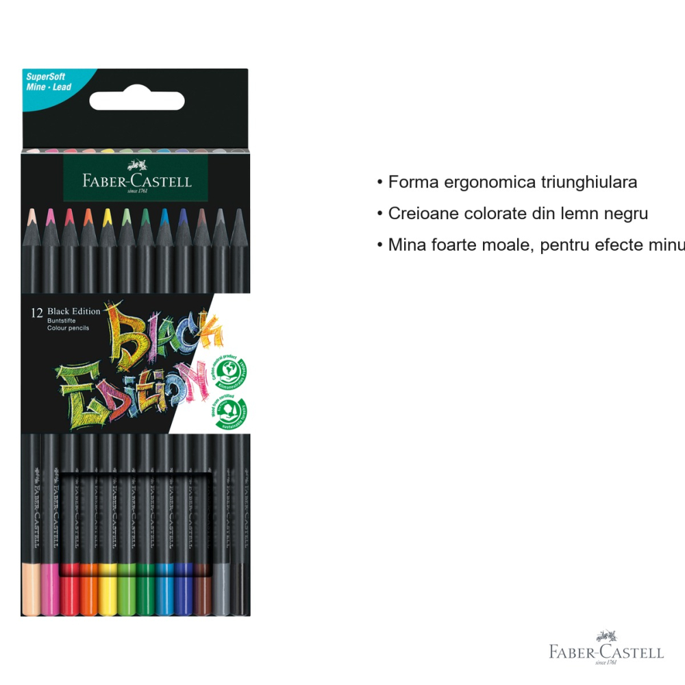 Set 12 creioane colorate Faber-Castell Black Edition, mina moale, forma triunghiulara ergonomica [3]