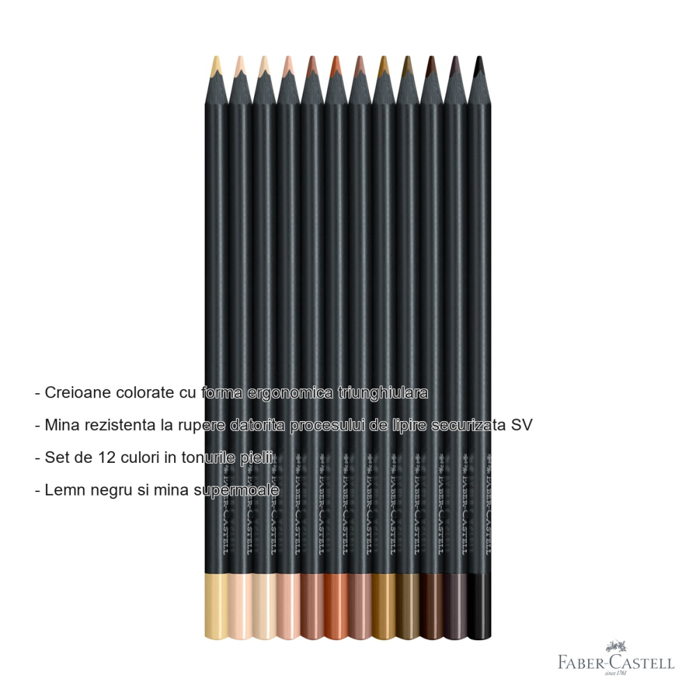 Set 12 creioane colorate Faber-Castell Black Edition, tonuri ale pielii, mina supermoale, forma ergonomica triunghiulara [2]