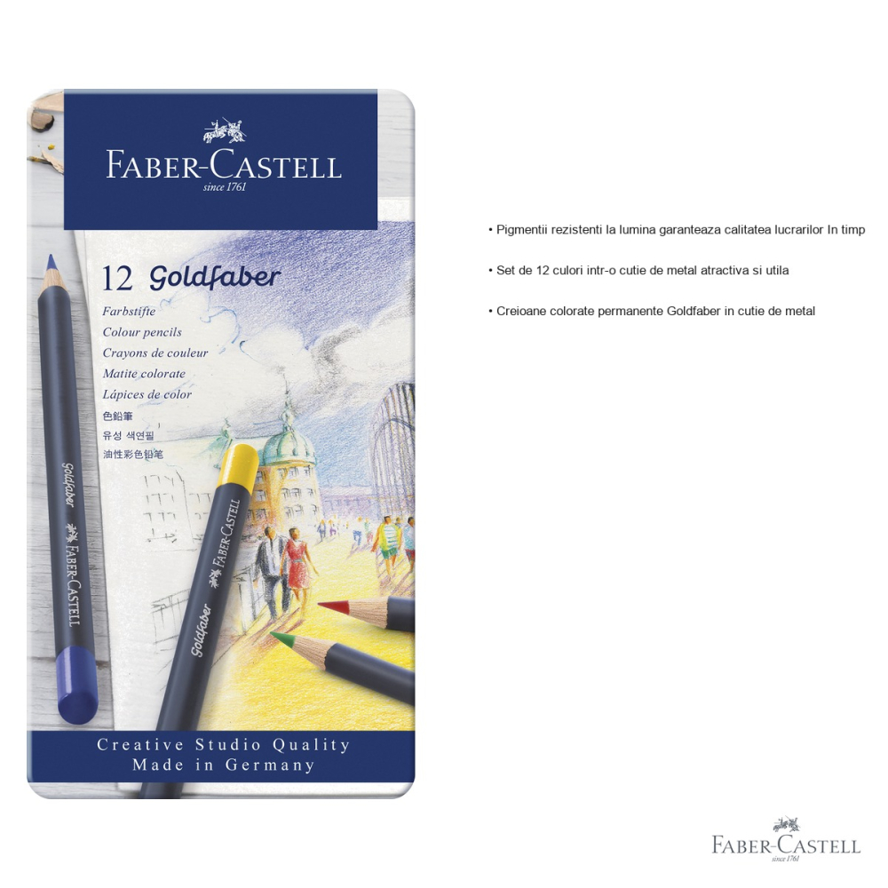 Set 12 creioane colorate Faber-Castell Goldfaber, mina moale pigmenti rezistenti, cutie metal, pentru desen si arta [3]