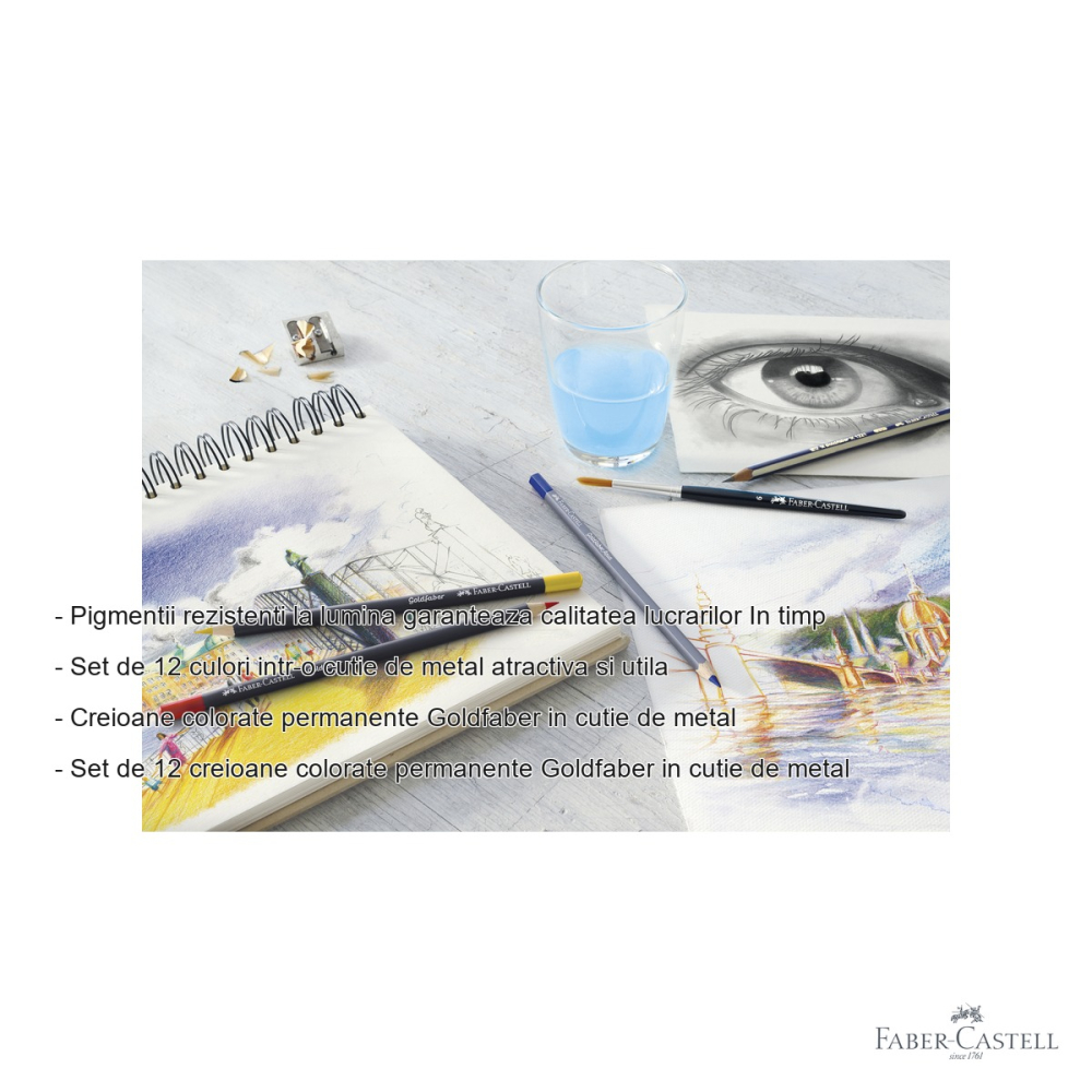 Set 12 creioane colorate Faber-Castell Goldfaber, mina moale pigmenti rezistenti, cutie metal, pentru desen si arta [2]