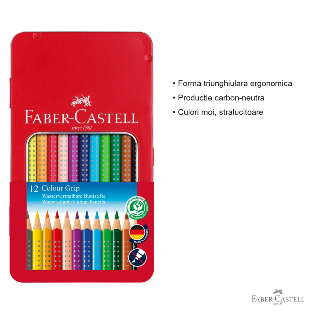 Set 12 creioane colorate Faber-Castell Grip 2001, forma triunghiulara ergonomica, solubile in apa, cutie metal [3]