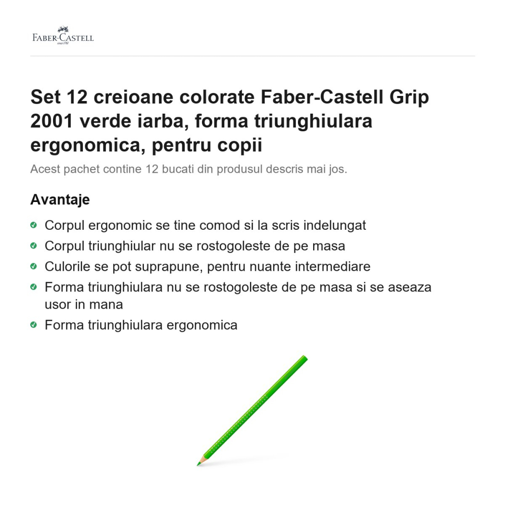 Set 12 creioane colorate Faber-Castell Grip 2001 verde iarba, forma triunghiulara ergonomica, pentru copii [2]