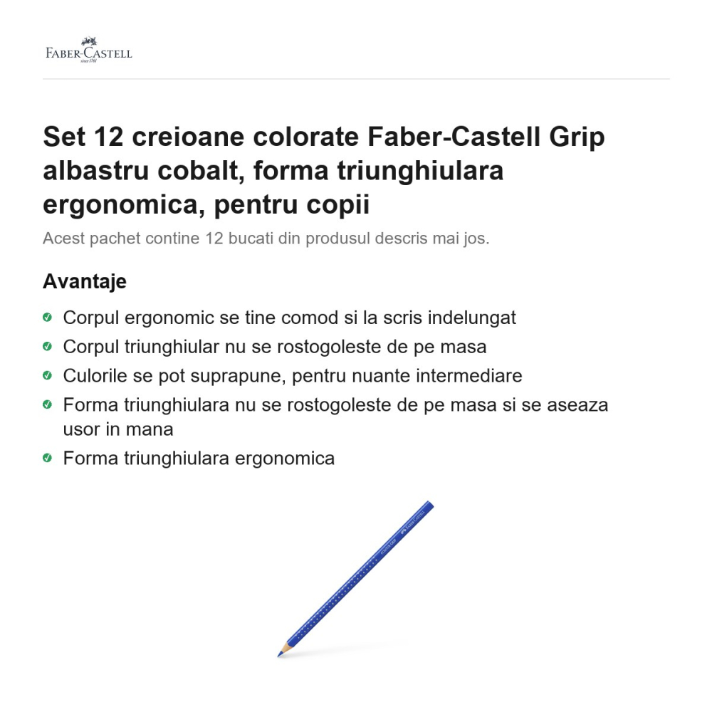 Set 12 creioane colorate Faber-Castell Grip albastru cobalt, forma triunghiulara ergonomica, pentru copii [2]
