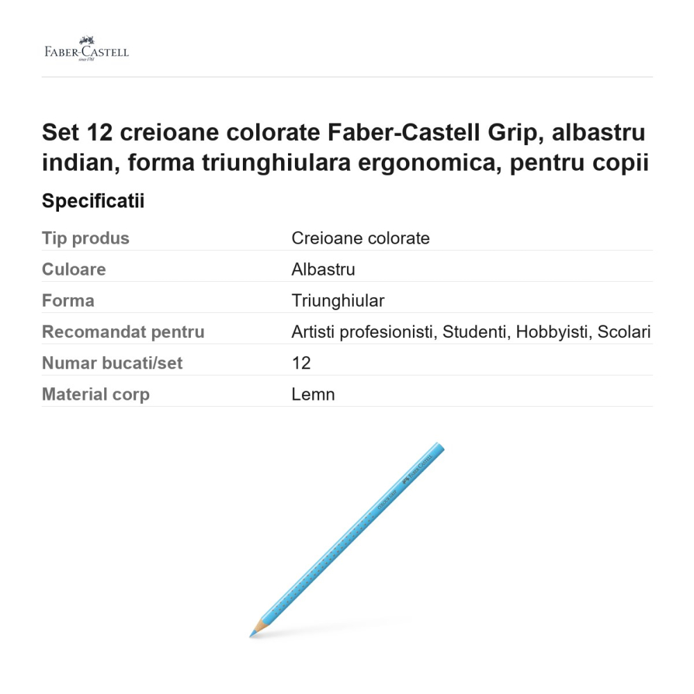 Set 12 creioane colorate Faber-Castell Grip, albastru indian, forma triunghiulara ergonomica, pentru copii [3]