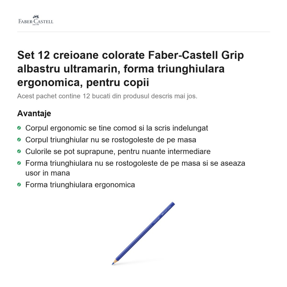 Set 12 creioane colorate Faber-Castell Grip albastru ultramarin, forma triunghiulara ergonomica, pentru copii [2]