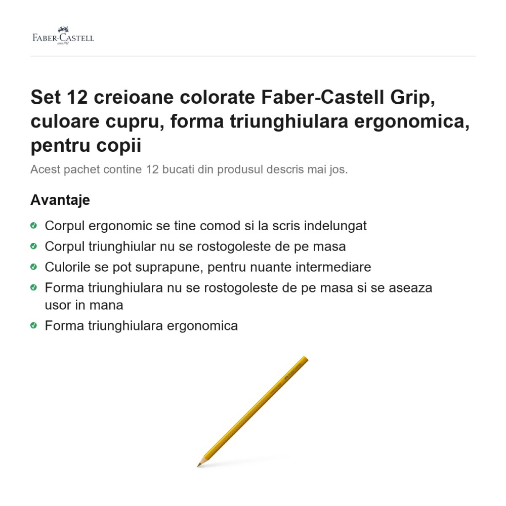 Set 12 creioane colorate Faber-Castell Grip, culoare cupru, forma triunghiulara ergonomica, pentru copii [2]