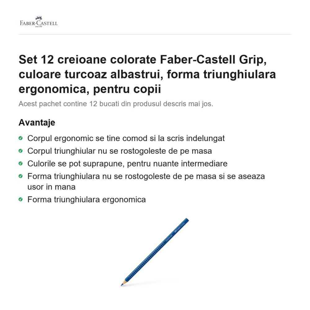 Set 12 creioane colorate Faber-Castell Grip, culoare turcoaz albastrui, forma triunghiulara ergonomica, pentru copii [2]