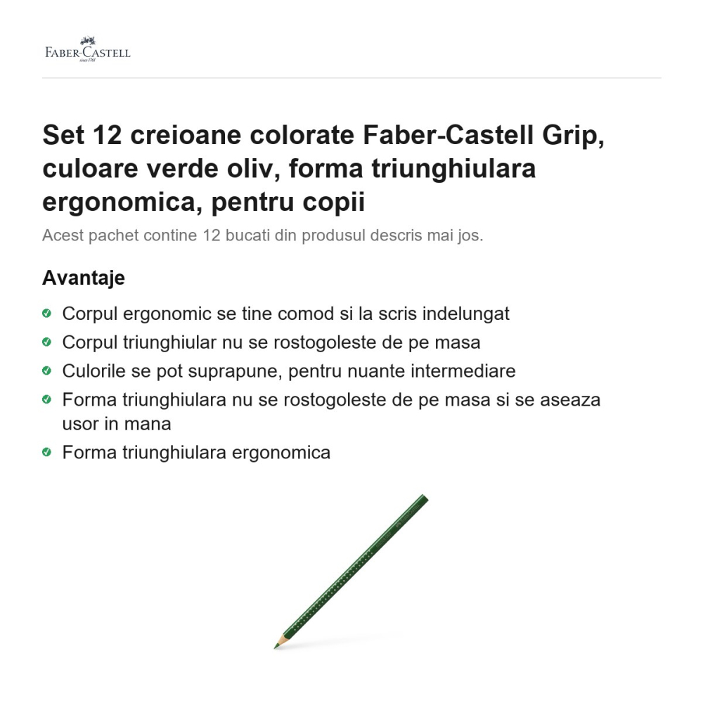 Set 12 creioane colorate Faber-Castell Grip, culoare verde oliv, forma triunghiulara ergonomica, pentru copii [2]