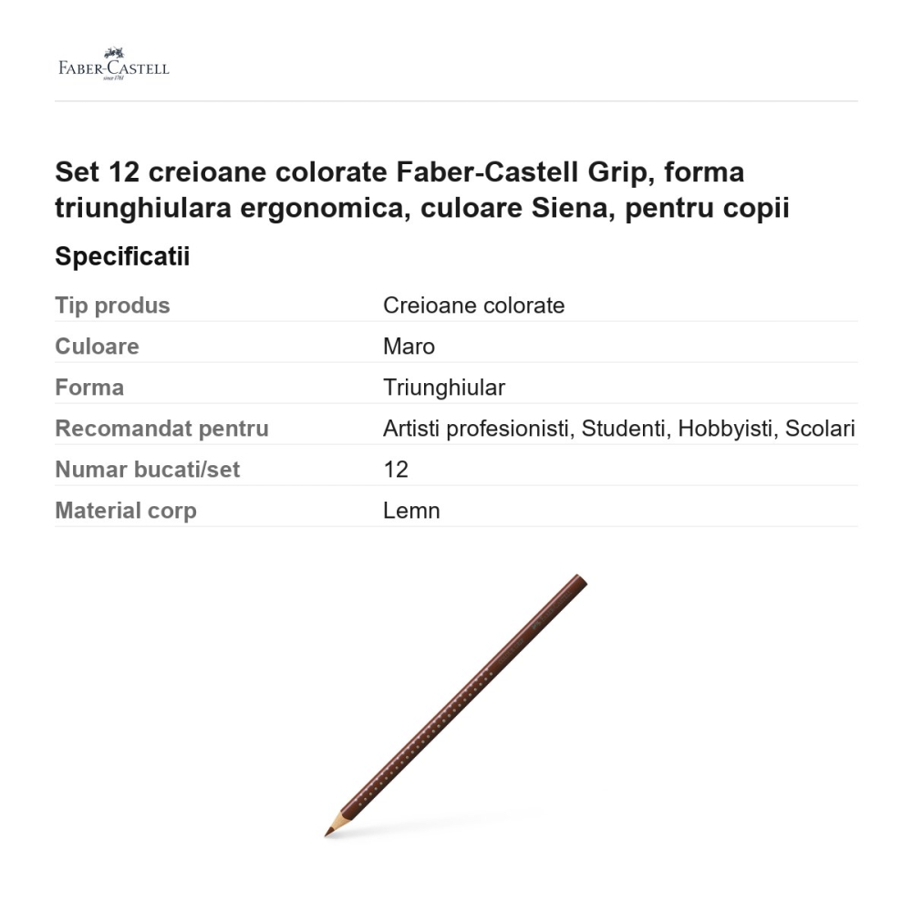 Set 12 creioane colorate Faber-Castell Grip, forma triunghiulara ergonomica, culoare Siena, pentru copii [3]