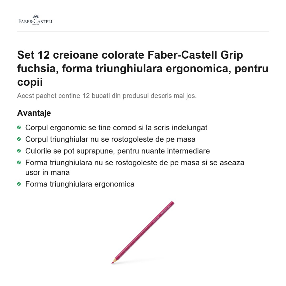 Set 12 creioane colorate Faber-Castell Grip fuchsia, forma triunghiulara ergonomica, pentru copii [2]