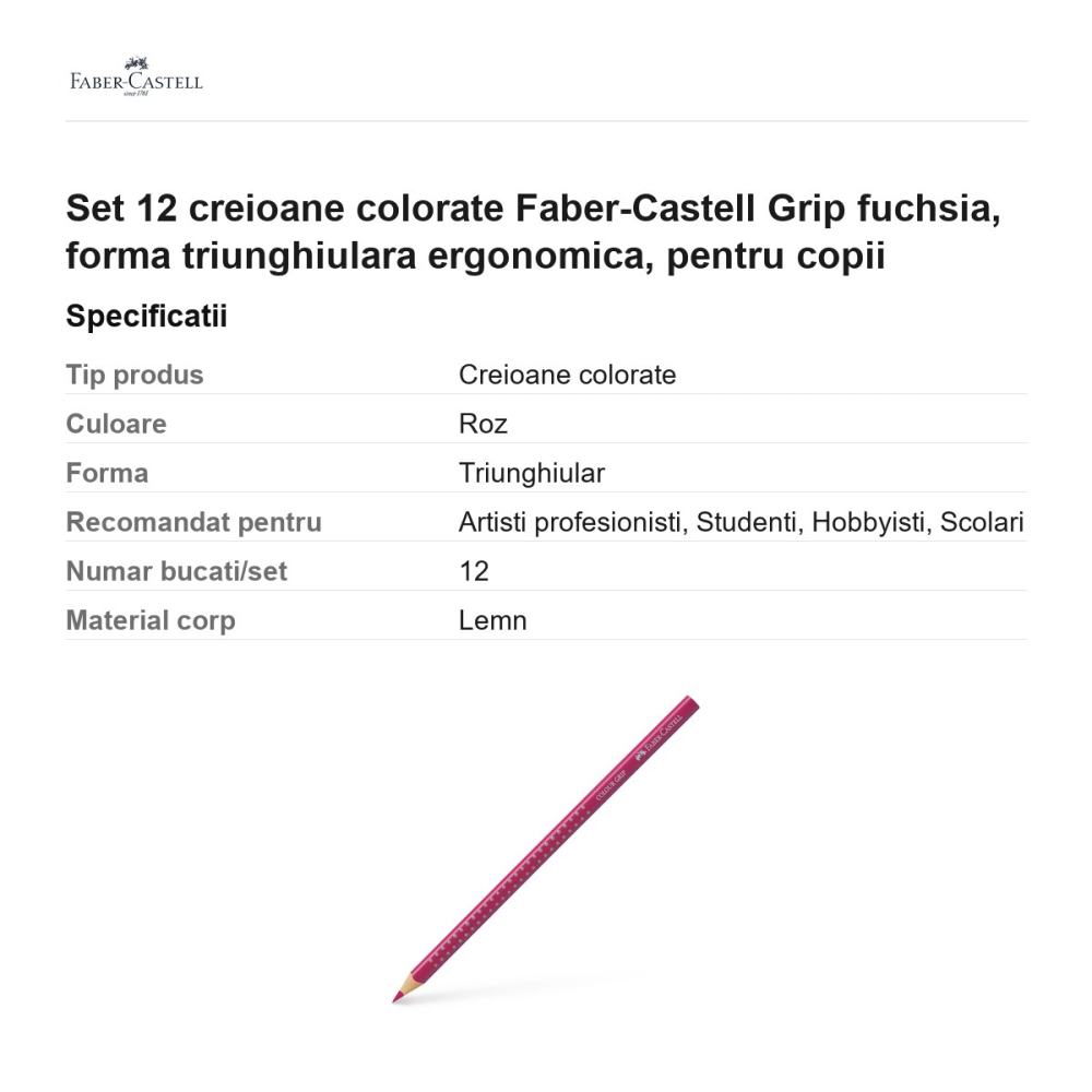 Set 12 creioane colorate Faber-Castell Grip fuchsia, forma triunghiulara ergonomica, pentru copii [3]