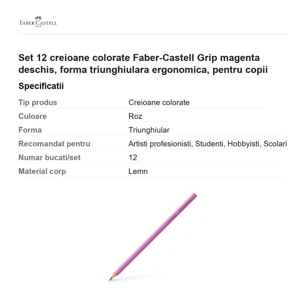 Set 12 creioane colorate Faber-Castell Grip magenta deschis, forma triunghiulara ergonomica, pentru copii [3]