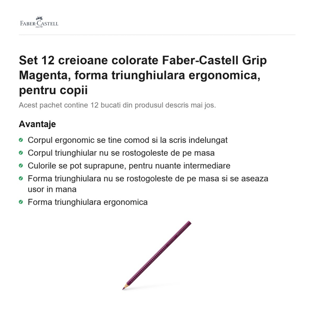Set 12 creioane colorate Faber-Castell Grip Magenta, forma triunghiulara ergonomica, pentru copii [2]