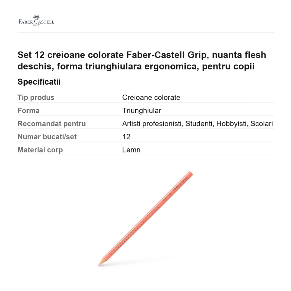 Set 12 creioane colorate Faber-Castell Grip, nuanta flesh deschis, forma triunghiulara ergonomica, pentru copii [3]