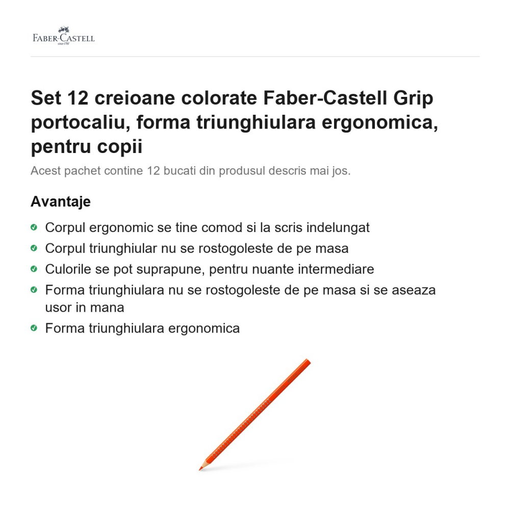 Set 12 creioane colorate Faber-Castell Grip portocaliu, forma triunghiulara ergonomica, pentru copii [2]