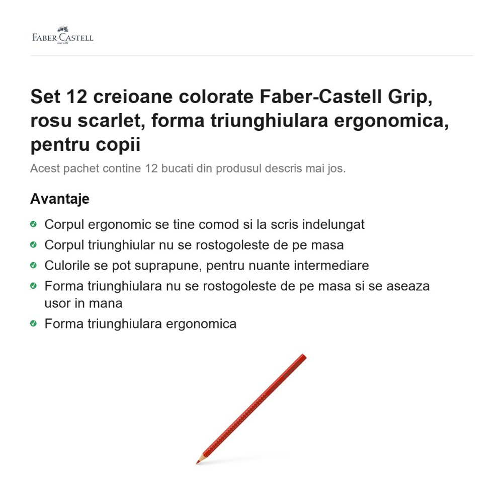 Set 12 creioane colorate Faber-Castell Grip, rosu scarlet, forma triunghiulara ergonomica, pentru copii [2]