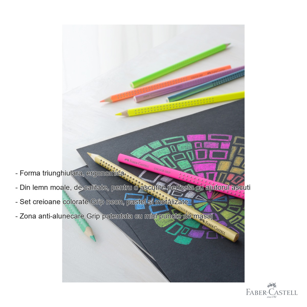 Set 12 creioane colorate Faber-Castell Grip speciale, neon pastel metalizate, forma triunghiulara ergonomica pentru copii [2]
