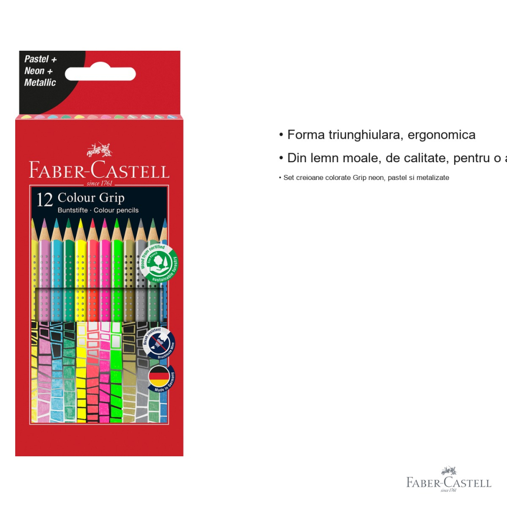 Set 12 creioane colorate Faber-Castell Grip speciale, neon pastel metalizate, forma triunghiulara ergonomica pentru copii [3]