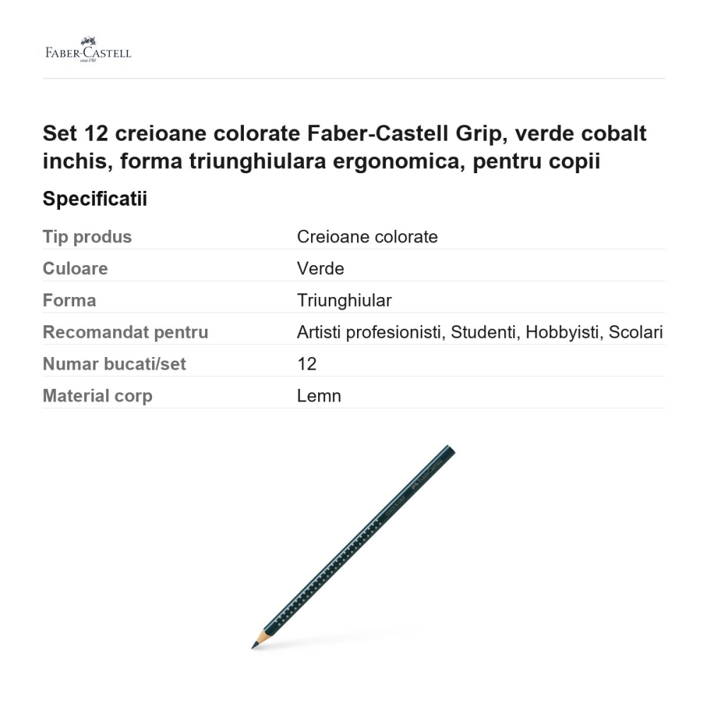 Set 12 creioane colorate Faber-Castell Grip, verde cobalt inchis, forma triunghiulara ergonomica, pentru copii [3]