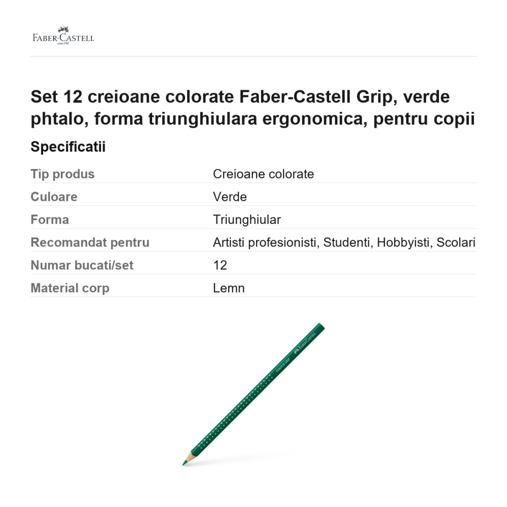 Set 12 creioane colorate Faber-Castell Grip, verde phtalo, forma triunghiulara ergonomica, pentru copii [3]