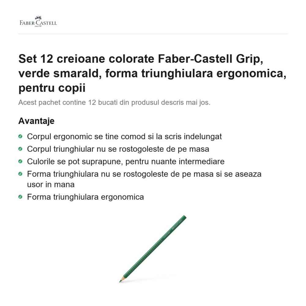 Set 12 creioane colorate Faber-Castell Grip, verde smarald, forma triunghiulara ergonomica, pentru copii [2]