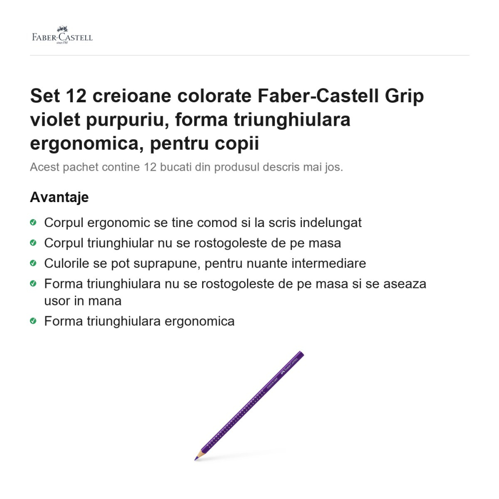 Set 12 creioane colorate Faber-Castell Grip violet purpuriu, forma triunghiulara ergonomica, pentru copii [2]