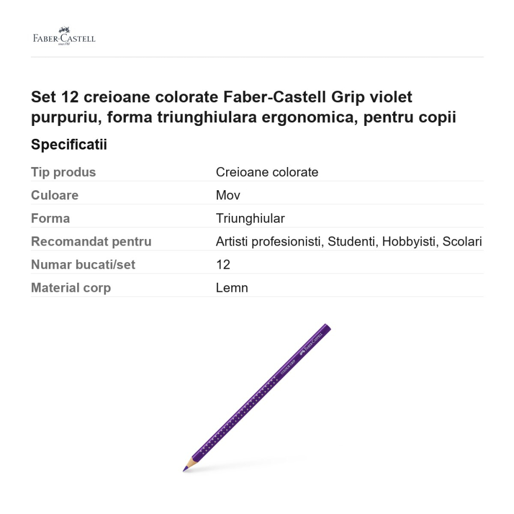 Set 12 creioane colorate Faber-Castell Grip violet purpuriu, forma triunghiulara ergonomica, pentru copii [3]