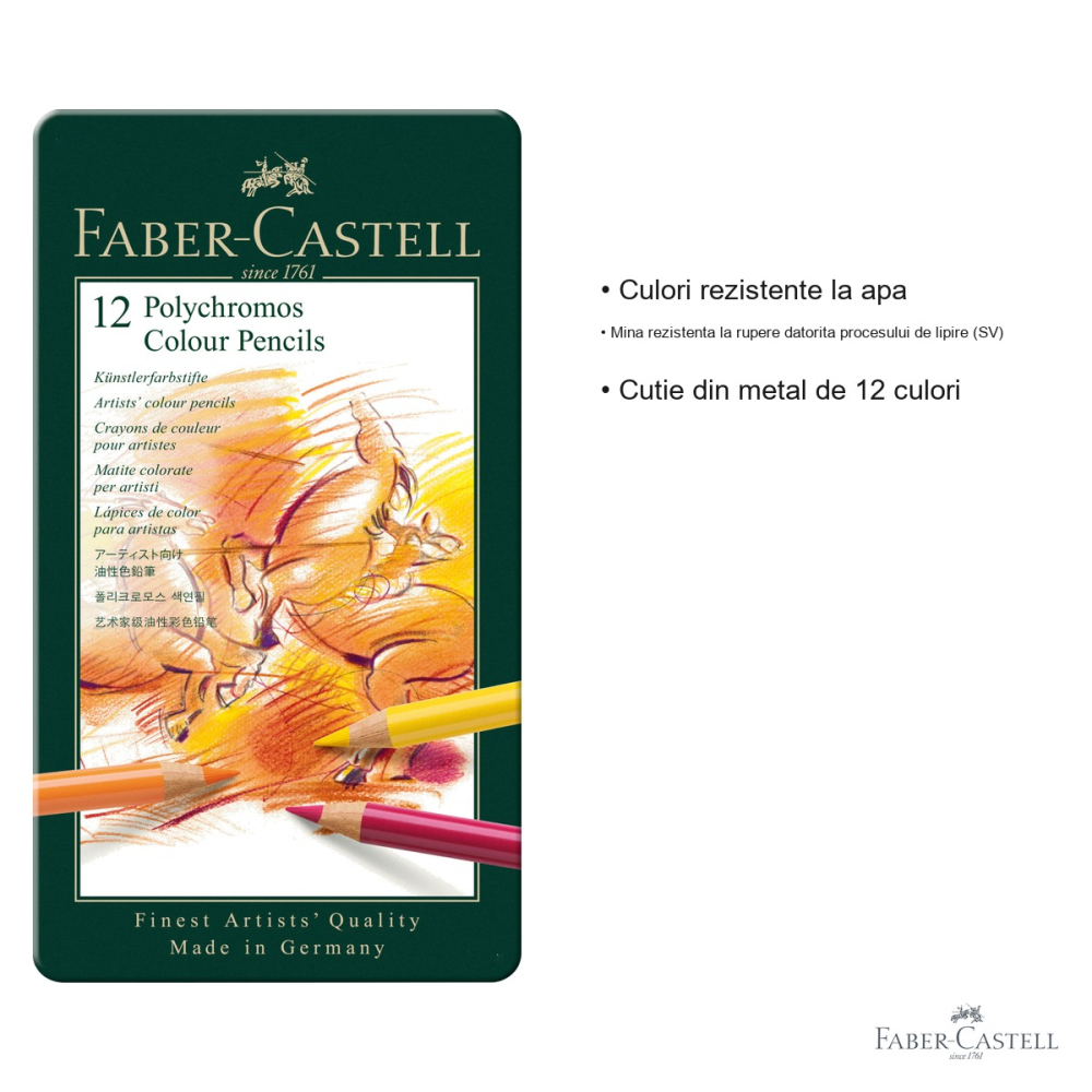 Set 12 creioane colorate Faber-Castell Polychromos, pigmenti rezistenti la lumina, pentru artisti profesionisti [3]
