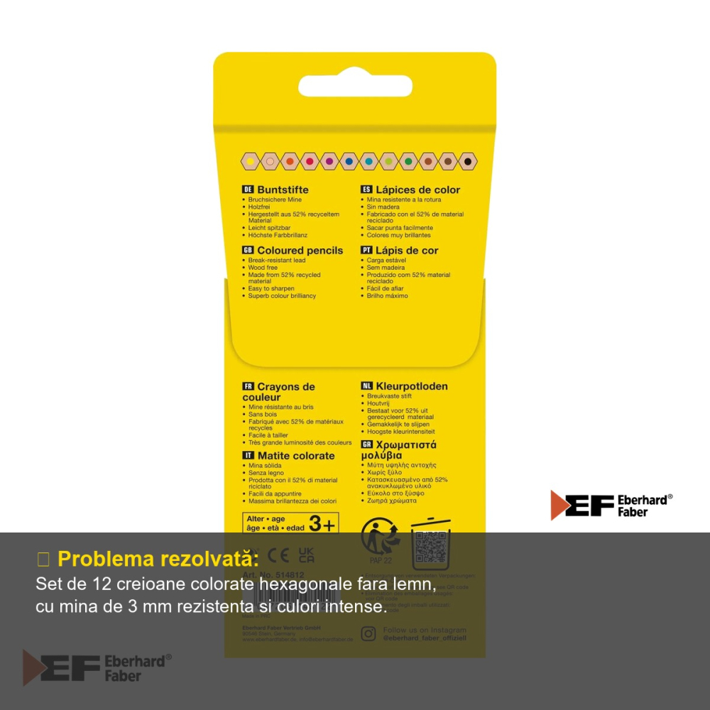 Set 12 creioane colorate fara lemn Eberhard Faber, forma hexagonala, culori intense rezistente la apa [4]