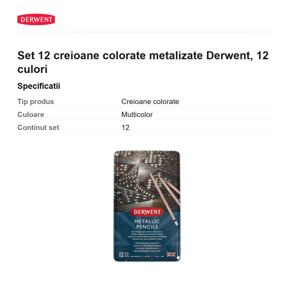 Set 12 creioane colorate metalizate Derwent, 12 culori [3]