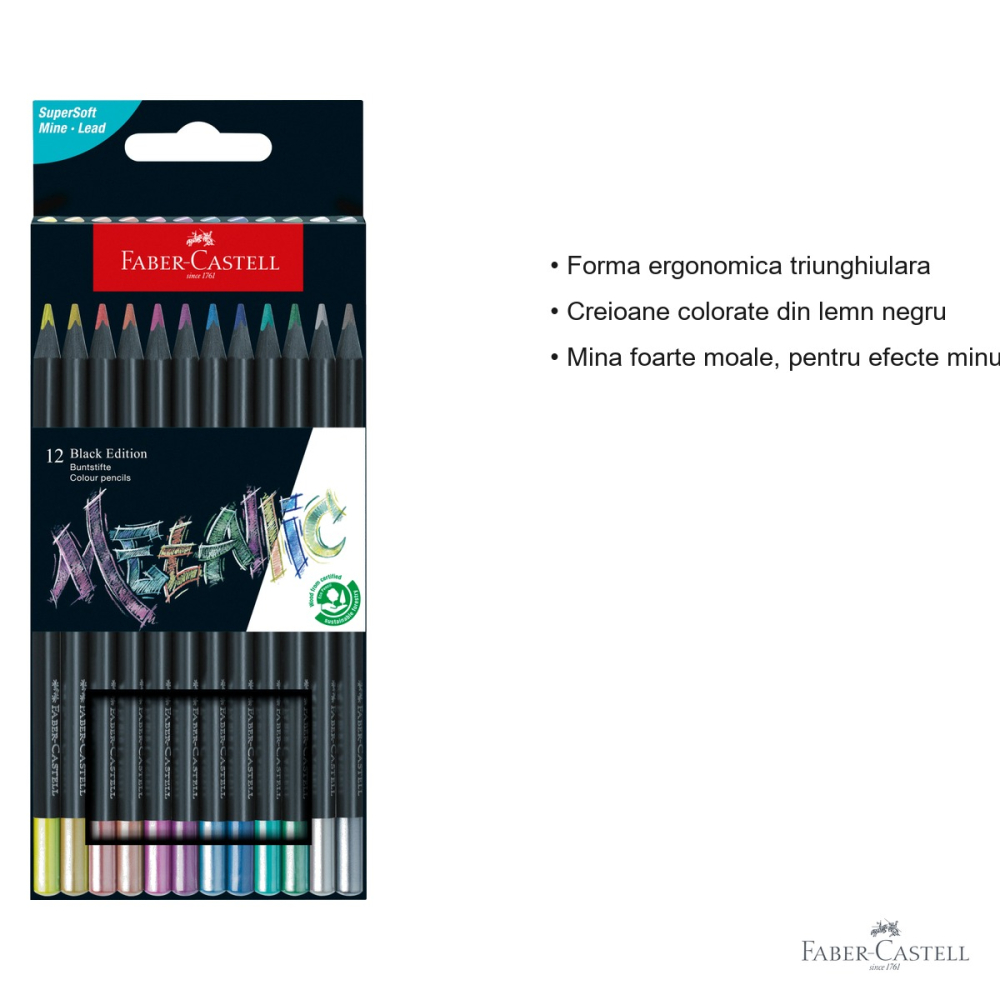 Set 12 creioane colorate metalizate Faber-Castell Black Edition, mina moale, forma triunghiulara ergonomica [3]