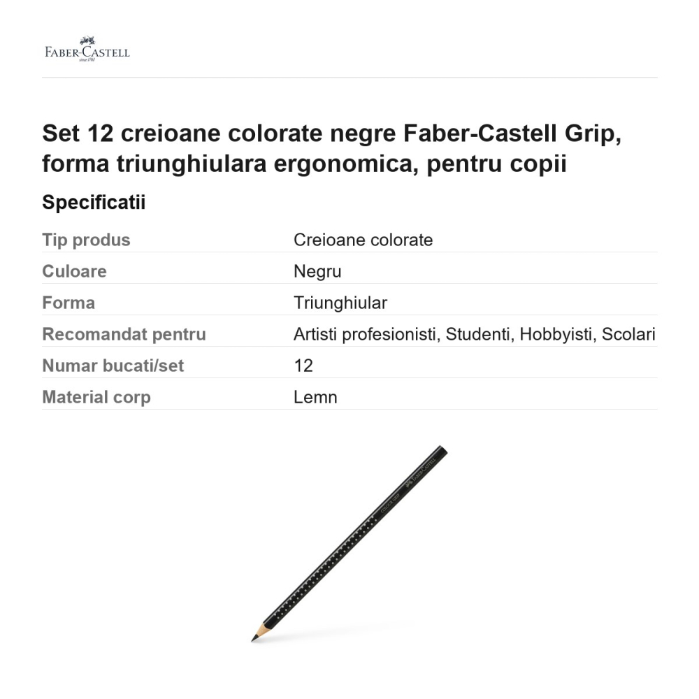 Set 12 creioane colorate negre Faber-Castell Grip, forma triunghiulara ergonomica, pentru copii [3]
