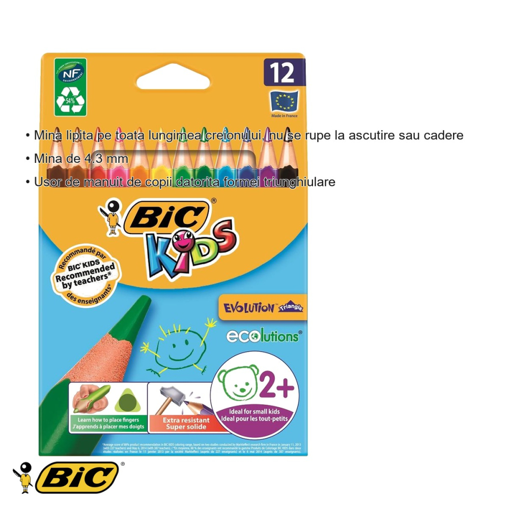 Set 12 creioane colorate triunghiulare Bic Evolution, mina 4.3 mm, rezistente, pentru copii [3]