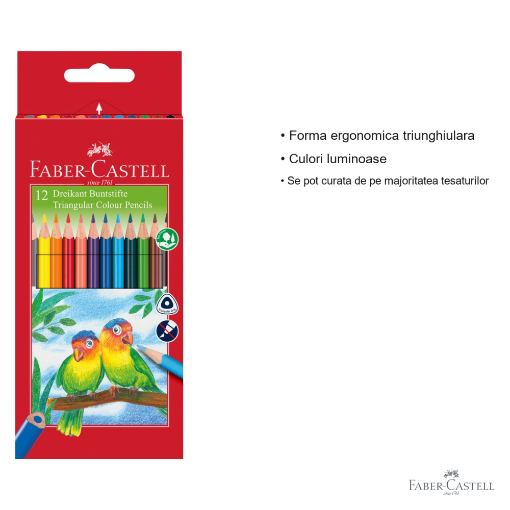 Set 12 creioane colorate triunghiulare Faber-Castell Eco, forma ergonomica, cu ascutitoare inclusa, pentru copii [3]