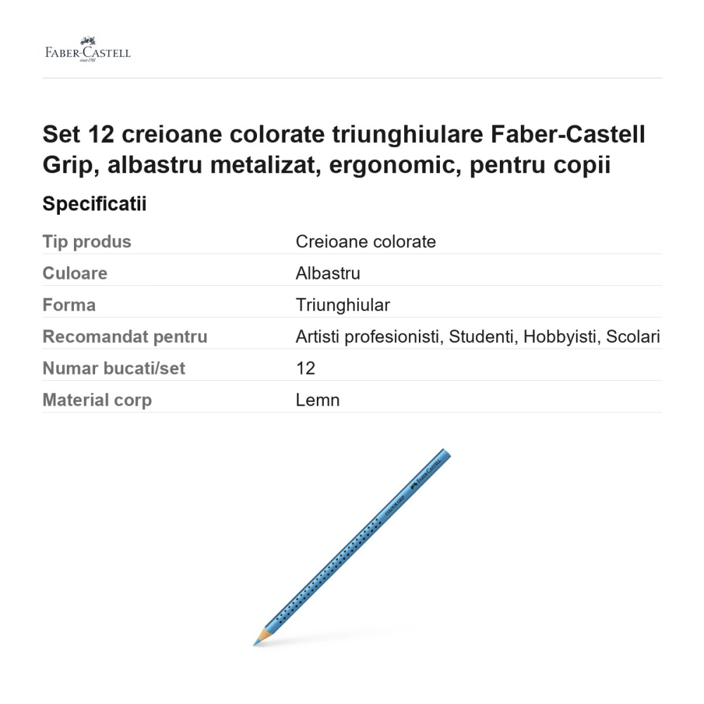 Set 12 creioane colorate triunghiulare Faber-Castell Grip, albastru metalizat, ergonomic, pentru copii [3]