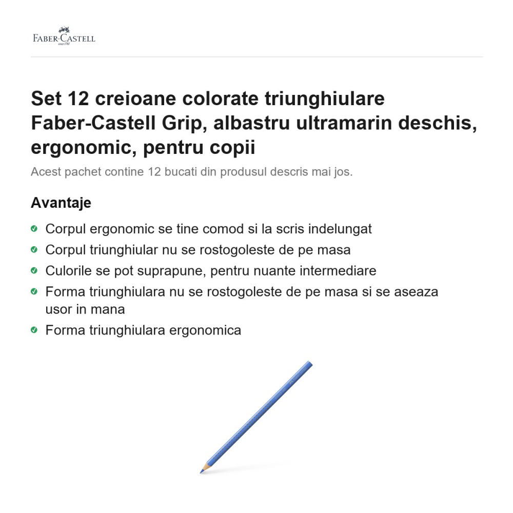 Set 12 creioane colorate triunghiulare Faber-Castell Grip, albastru ultramarin deschis, ergonomic, pentru copii [2]