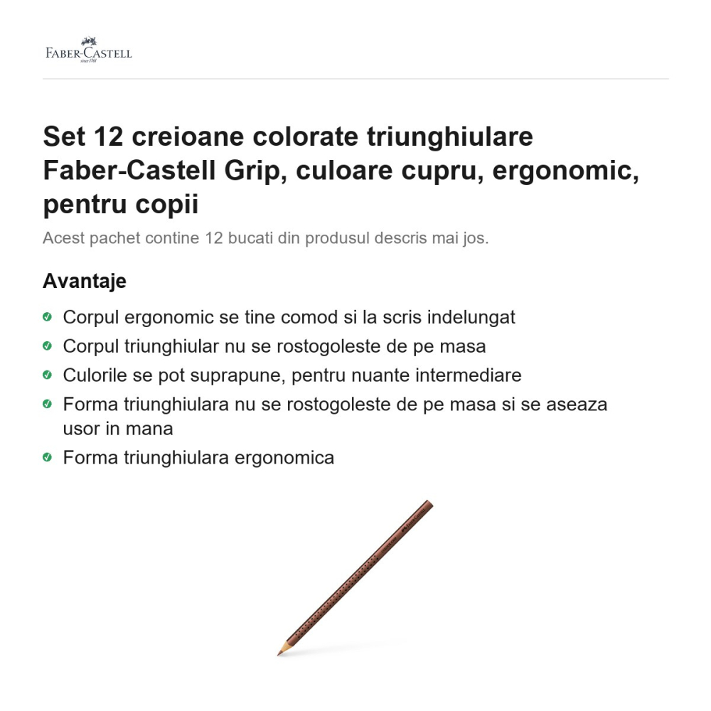 Set 12 creioane colorate triunghiulare Faber-Castell Grip, culoare cupru, ergonomic, pentru copii [2]