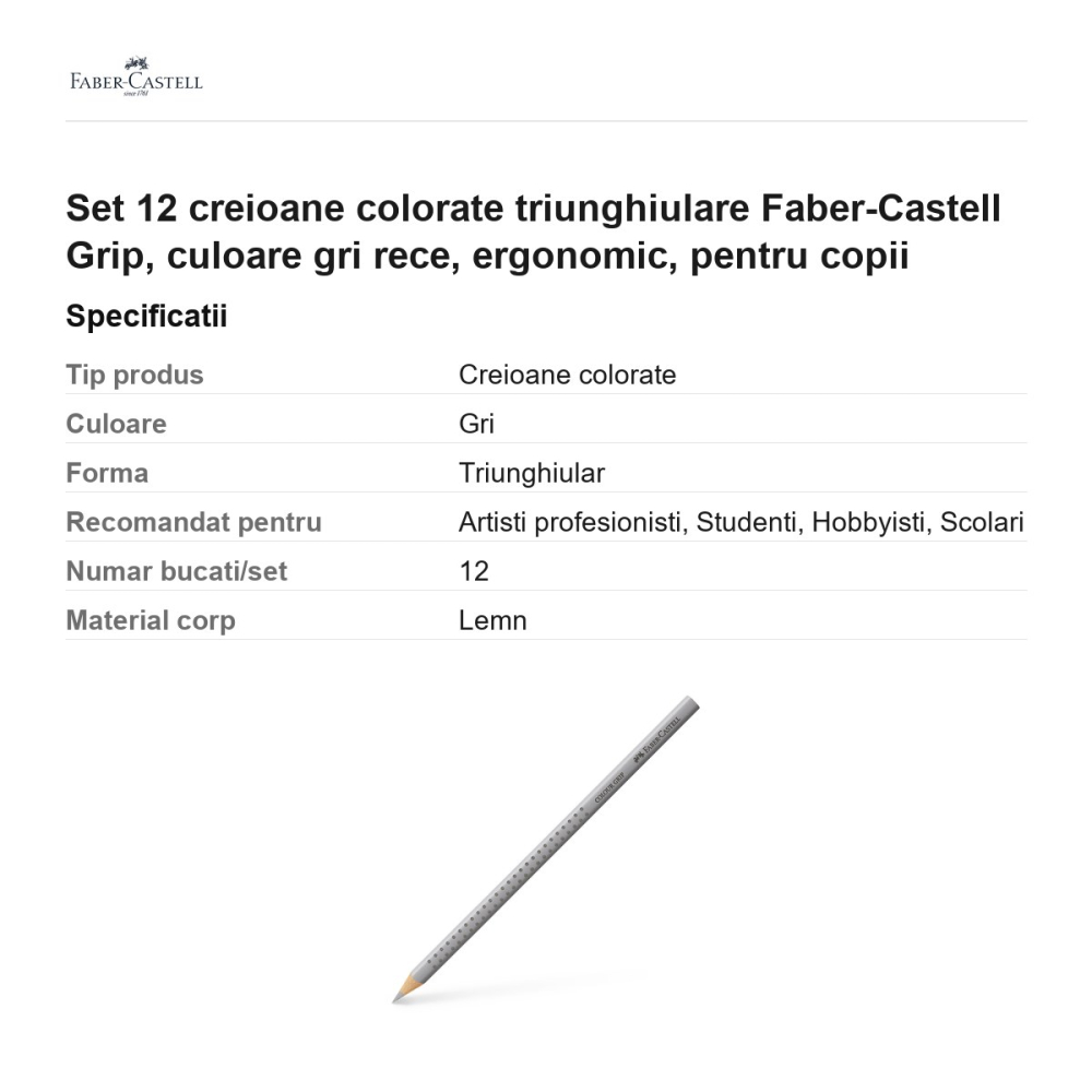Set 12 creioane colorate triunghiulare Faber-Castell Grip, culoare gri rece, ergonomic, pentru copii [3]