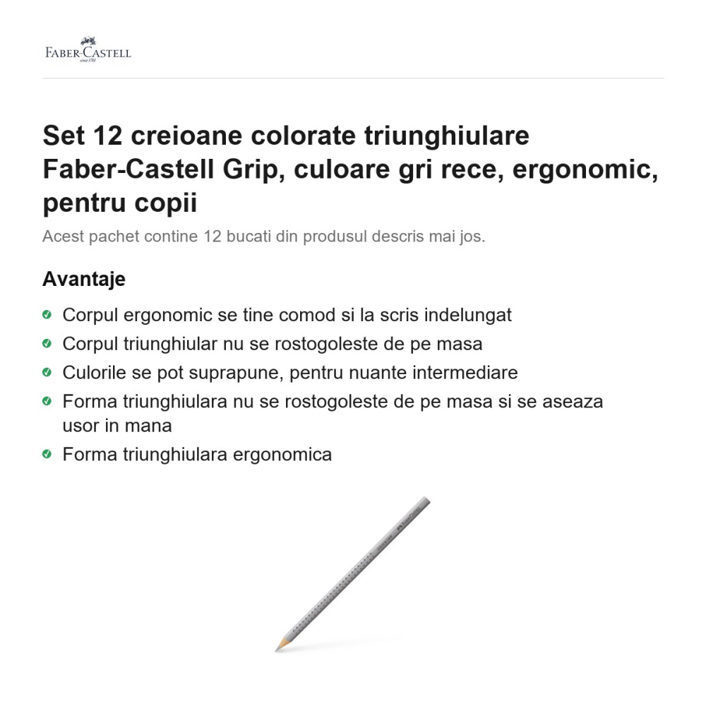 Set 12 creioane colorate triunghiulare Faber-Castell Grip, culoare gri rece, ergonomic, pentru copii [2]