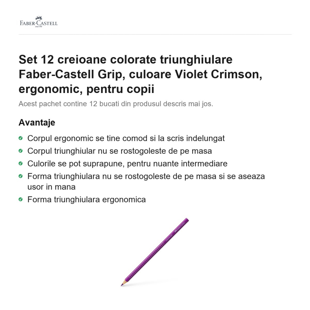Set 12 creioane colorate triunghiulare Faber-Castell Grip, culoare Violet Crimson, ergonomic, pentru copii [2]